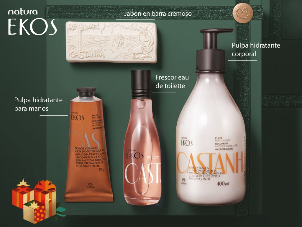 Kit de navidad Ekos Castaña frescor eau de toilette, jabón en barra, pulpa corporal y para manos