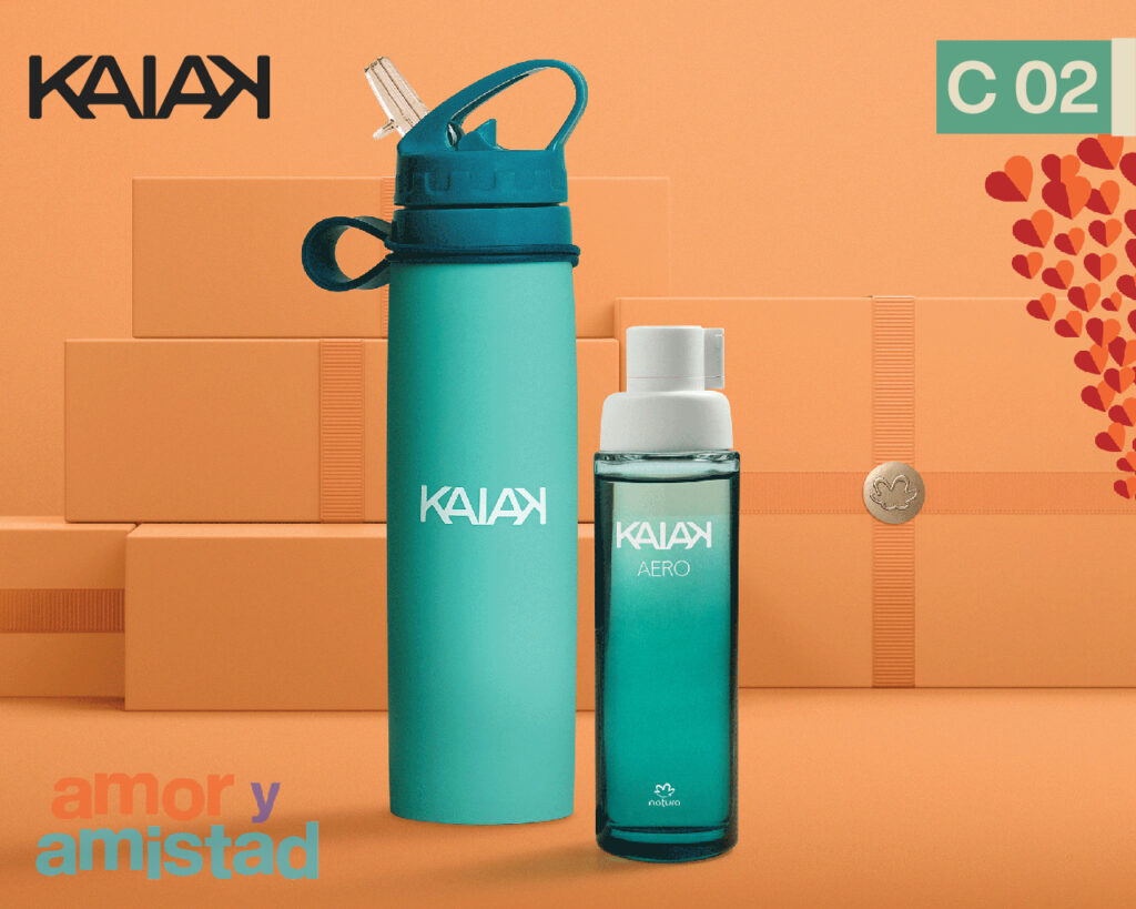 Kaiak Aero fragancia femenina y botella color turquesa Regalos Natura San Valentín 